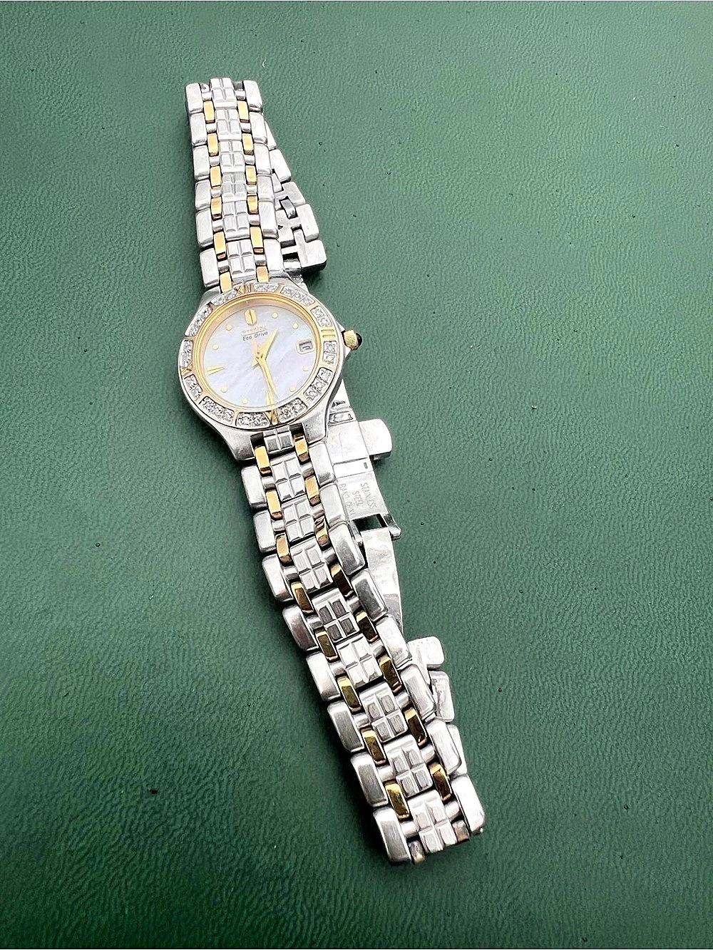 Citizen Eco-Drive Lucca Two-Tone Crystal Bezel Watch Good Condition